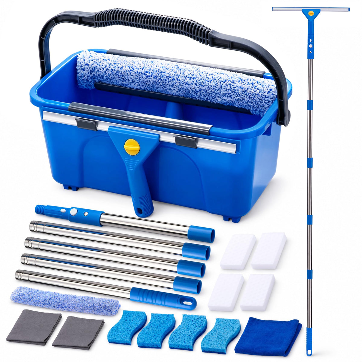 Window Cleaning Kit with Bucket, 76" Extension Pole, Squeegee & Scrubber