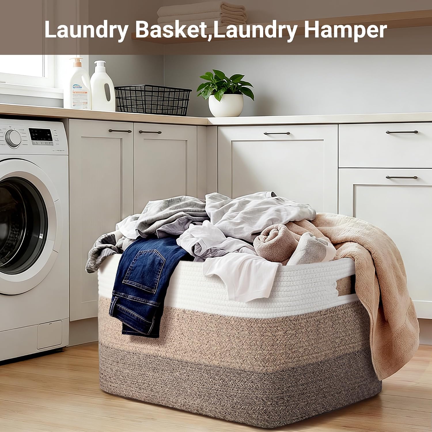 75L Large Woven Storage Basket, Cotton Rope Laundry Hamper with Handles, 22”x17”x12” Rectangle Blanket Basket for
