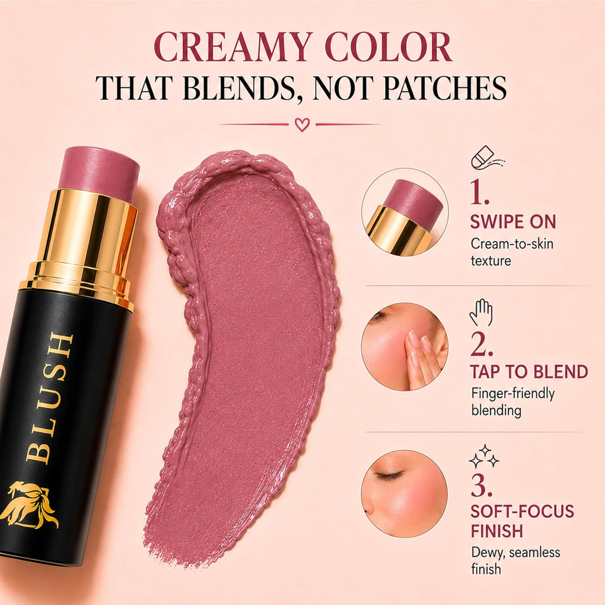 Cream Blush Stick, Buildable Dewy Flush, Wild Rose