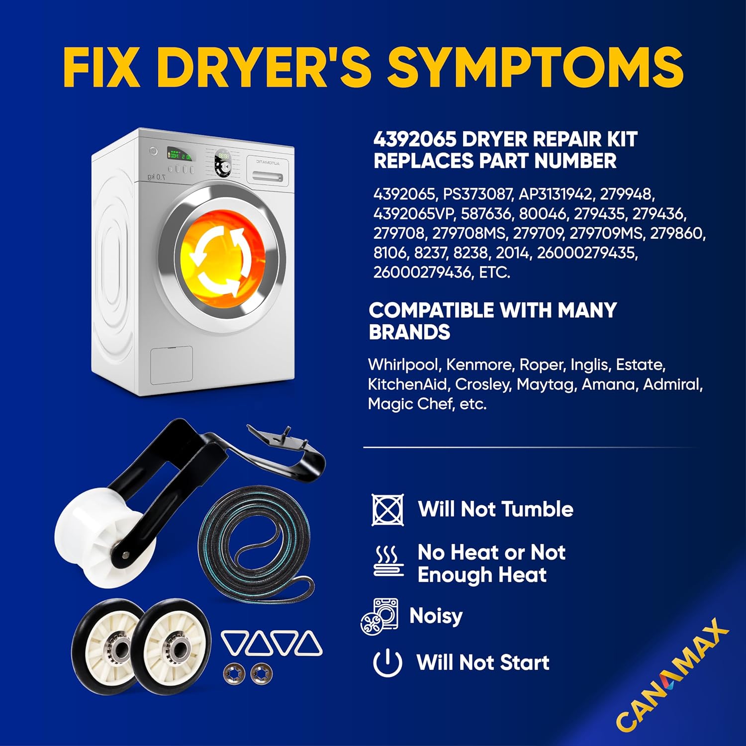 [UPGRADED 2026] 4392065 Dryer Repair Kit with 349241T Drum Roller Kit, 691366 Idler Pulley and 341241 Belt by Canamax