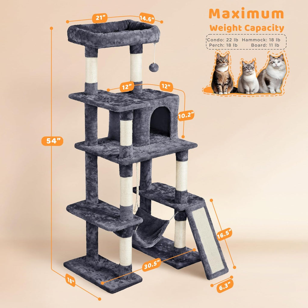 54in Cat Tree Tower for Large Cats, Multi-Level Condo & Hammock