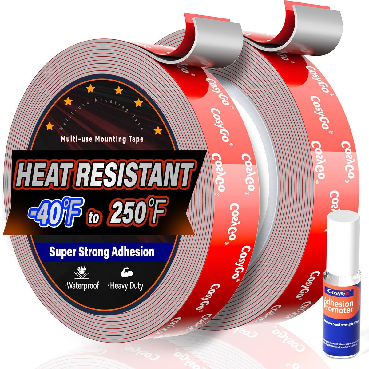 Heavy Duty Permanent Bond Double Sided Tape, Heat Resistant 2-Rolls
