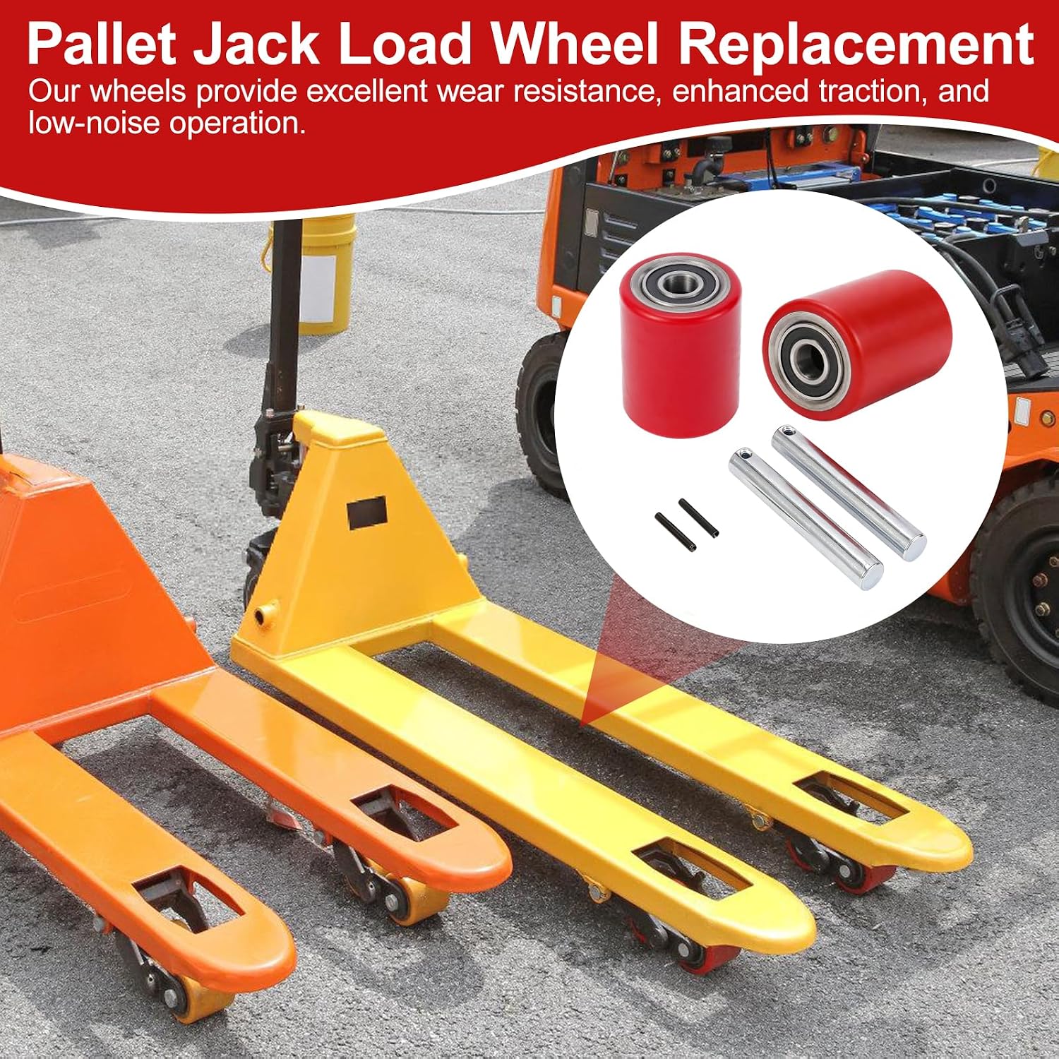 Two Packs of Pallet Jack/Truck Wheels 3” x 3.75” PU Poly Tread, 20mm ID Bearings, Full Set with Axles, Pins and Entry