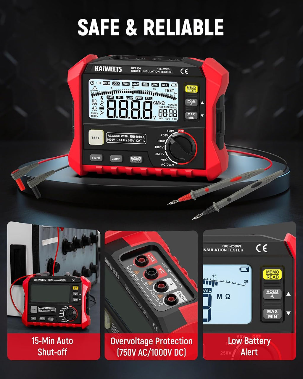 KAIWEETS Megohmmeter Insulation Tester 0.1MΩ-200GΩ 2500V DAR/PI Ohm Meter