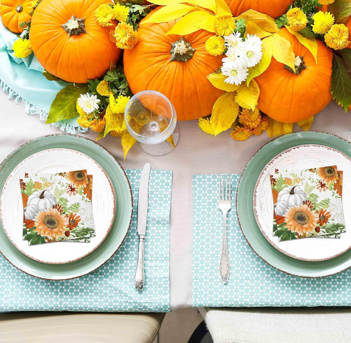 100 Fall Pumpkin Sunflower Cocktail Napkins, Thanksgiving Disposable