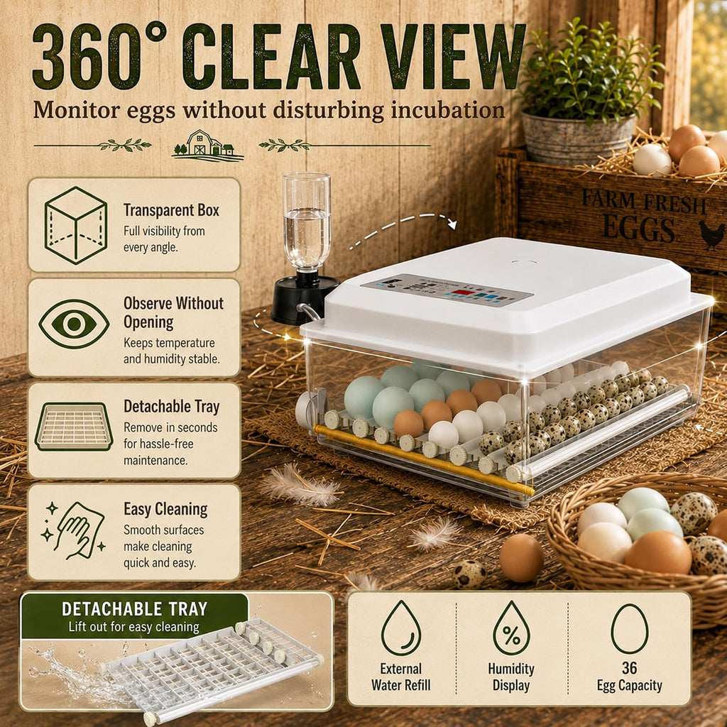 Egg Incubator for Chicken for 36, 5 Incubation Modes, Temperature Control, Auto Egg Turning, Dual Power Supply