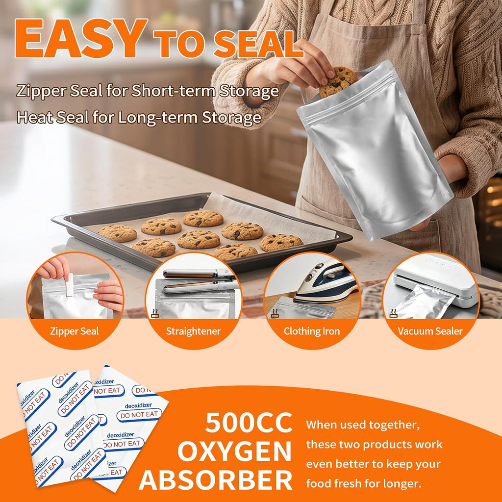 1Qt Mylar Bags with Oxygen Absorbers, 500cc, 50-Pack Food Storage | 50 resealable 1Qt Mylar bags w/50x500cc absorbers