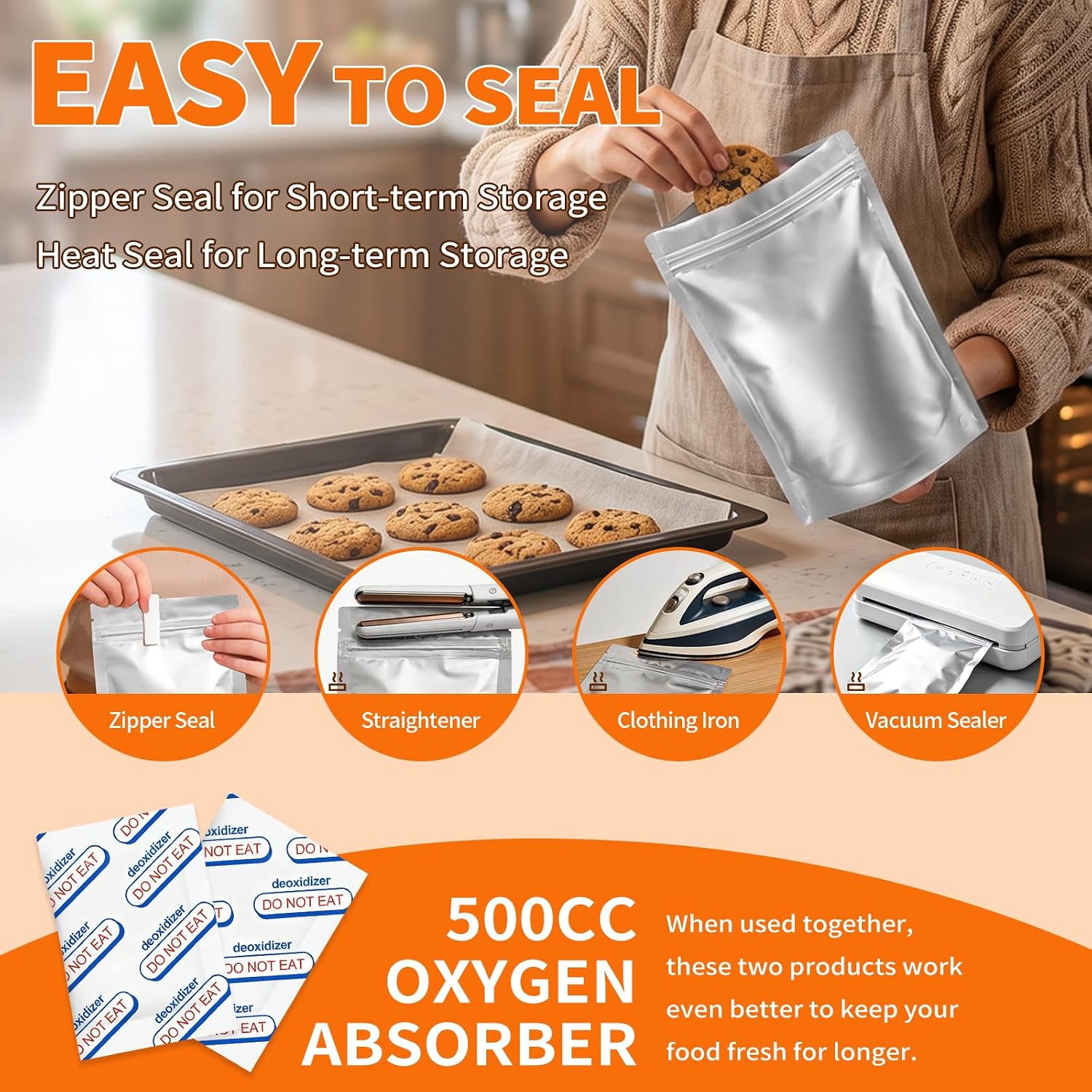 1Qt Mylar Bags with Oxygen Absorbers, 500cc, 50-Pack Food Storage | 50 resealable 1Qt Mylar bags w/50x500cc absorbers
