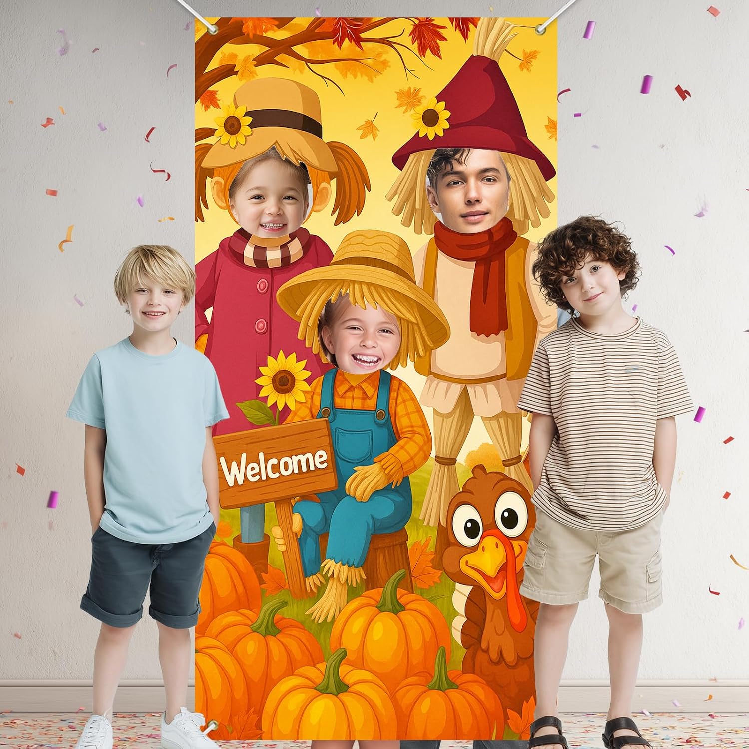 Thanksgiving Photo Door Banner Autumn Harvest Backdrop Pumpkins Scarecrow Turkey Sunflowers Fall Leaves Scene Party