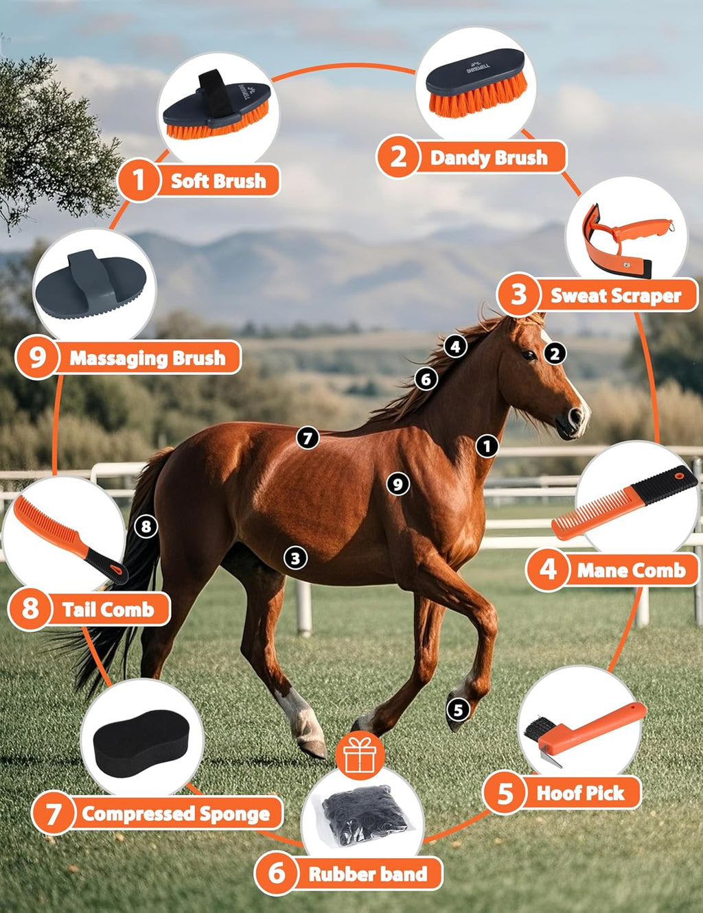 Horse Grooming Kit, Complete Horse Brush Set, Equine Grooming Tools for Shedding & Daily Care Orange