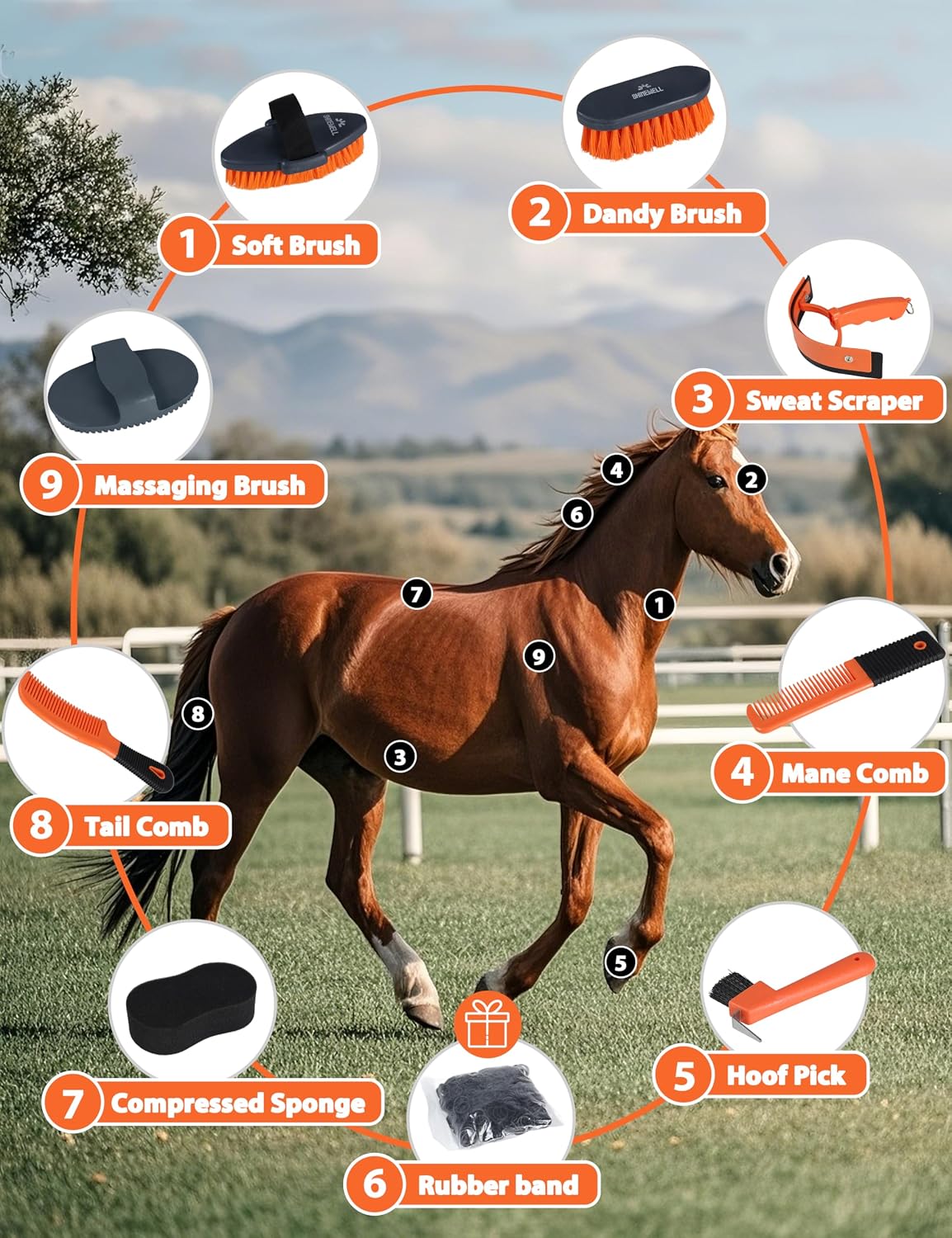 Horse Grooming Kit, Complete Horse Brush Set, Equine Grooming Tools for Shedding & Daily Care Orange