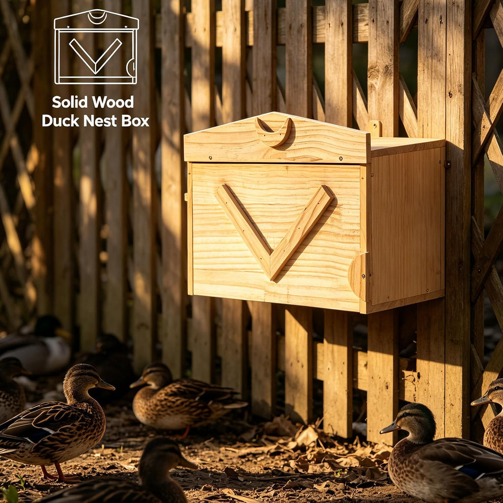 Handcrafted Solid Wood Duck House - Large Natural Outdoor Duck Nesting Box for Wood Ducks & Mergansers, Easy Pole