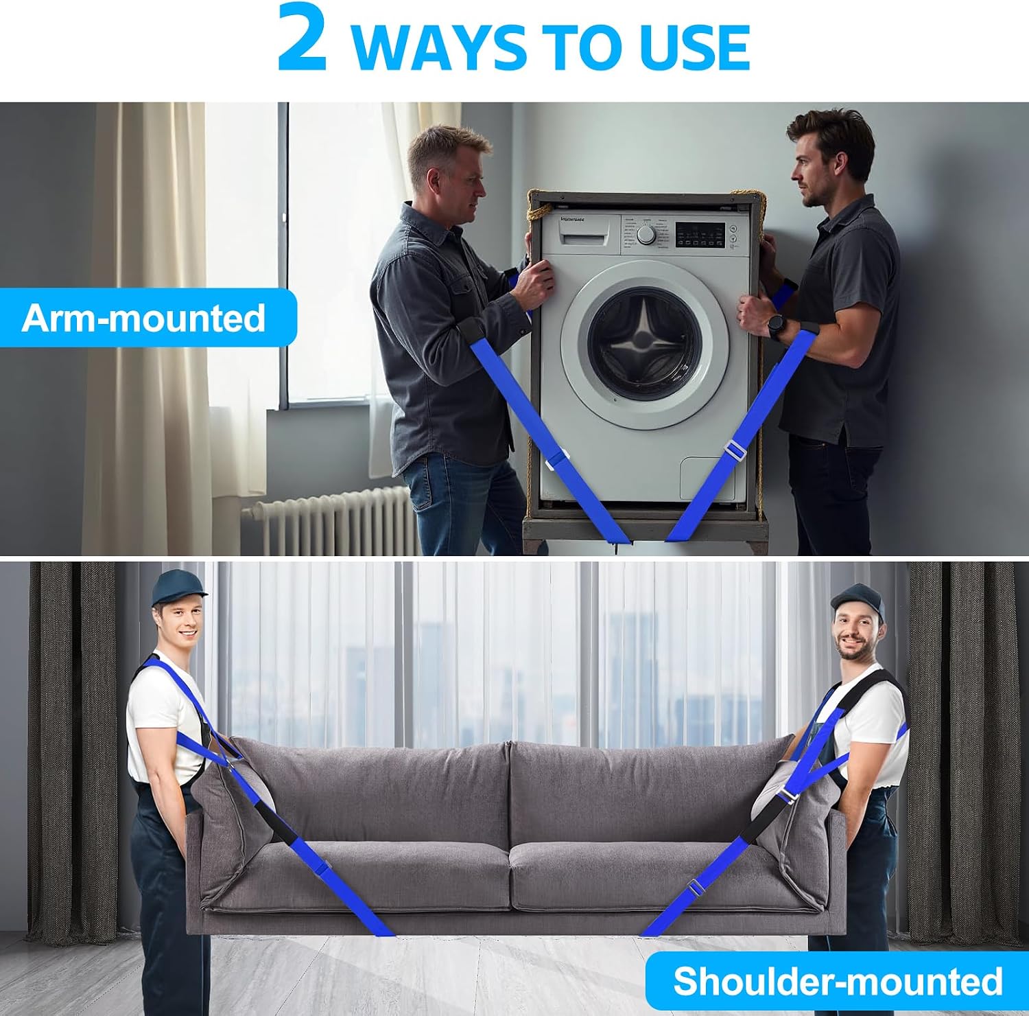 Moving Straps for Lifting Heavy Furniture: 2-Person Shoulder Lifting System | Up to 800 lb capacity, wide padded