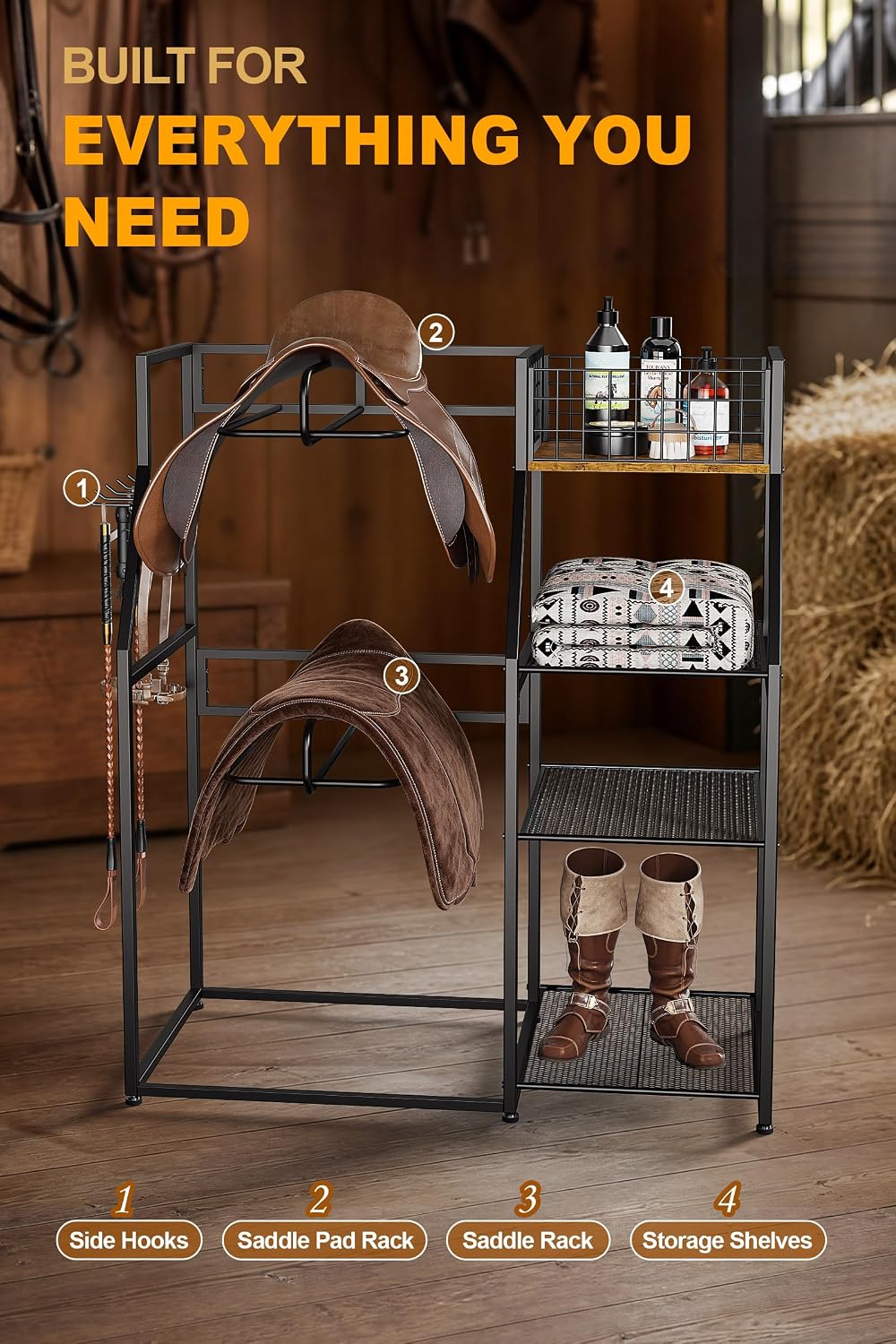 Saddle Rack with Storage, Heavy Duty Stand for Western & English Saddles