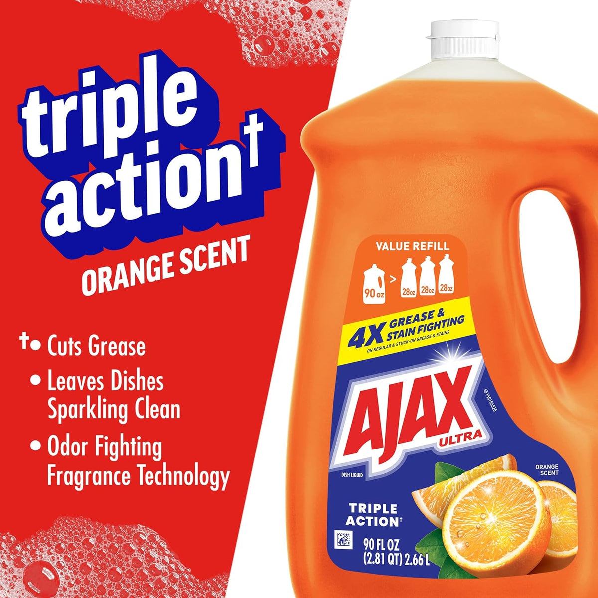 Ultra Liquid Dish Soap, Triple Action, Orange Scent, 90 fl oz