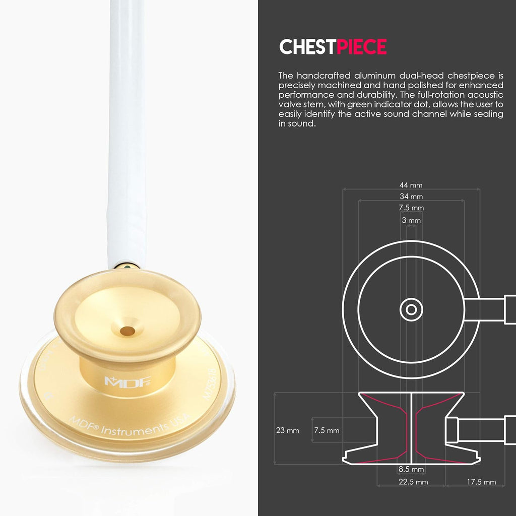 Acoustica Lightweight Stethoscope for Doctors, Nurses, Students, Home Health Use, Adult, Dual Head, White Tube, Gold
