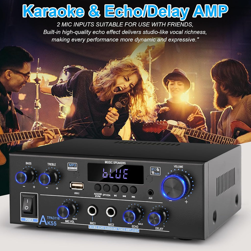 Romica AK55 Stereo Audio Amplifier, 2 Channel 500W Bluetooth 5.0 Home Audio Stereo Receivers with FM, Echo, AUX, USB