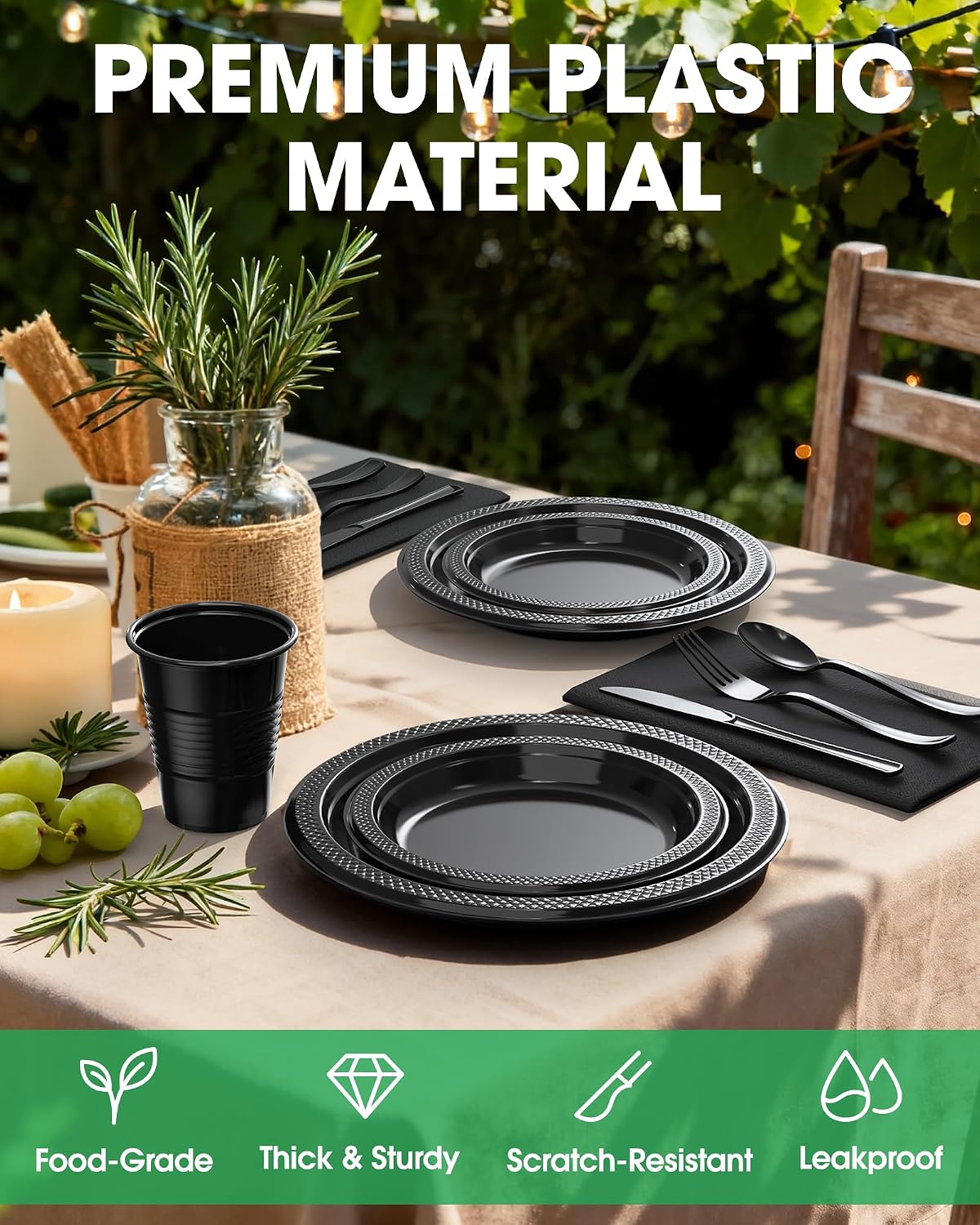 Plastic Plates Set 350 Pcs Black for 50 Guests