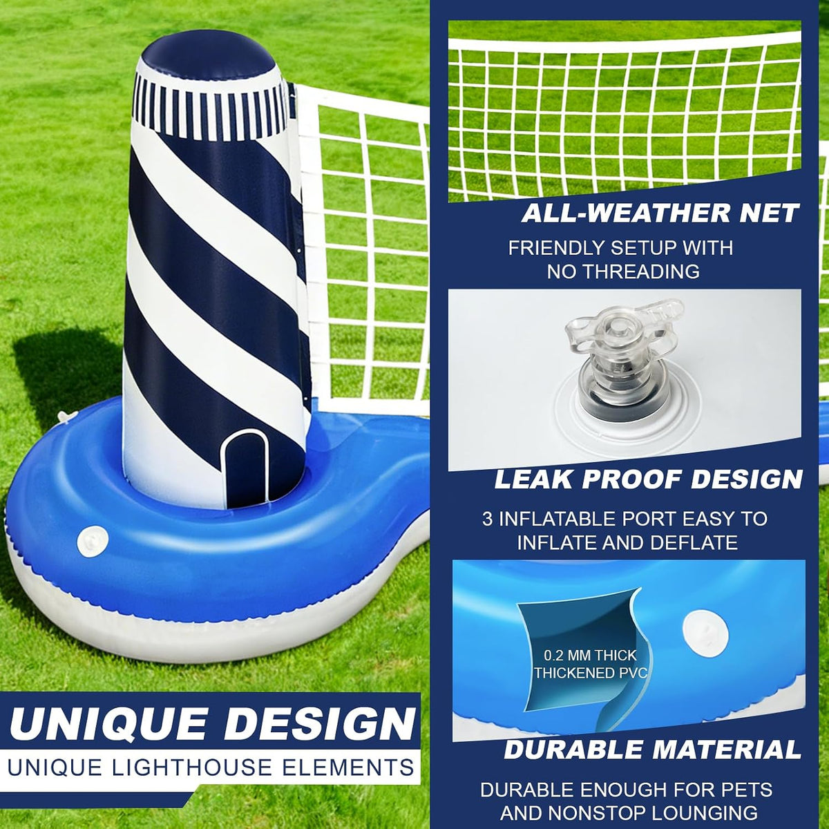 Large Inflatable Pool Games Volleyball Net Pool Float Set | 19" Beach Ball, Lighthouse Design, Floating Swimming