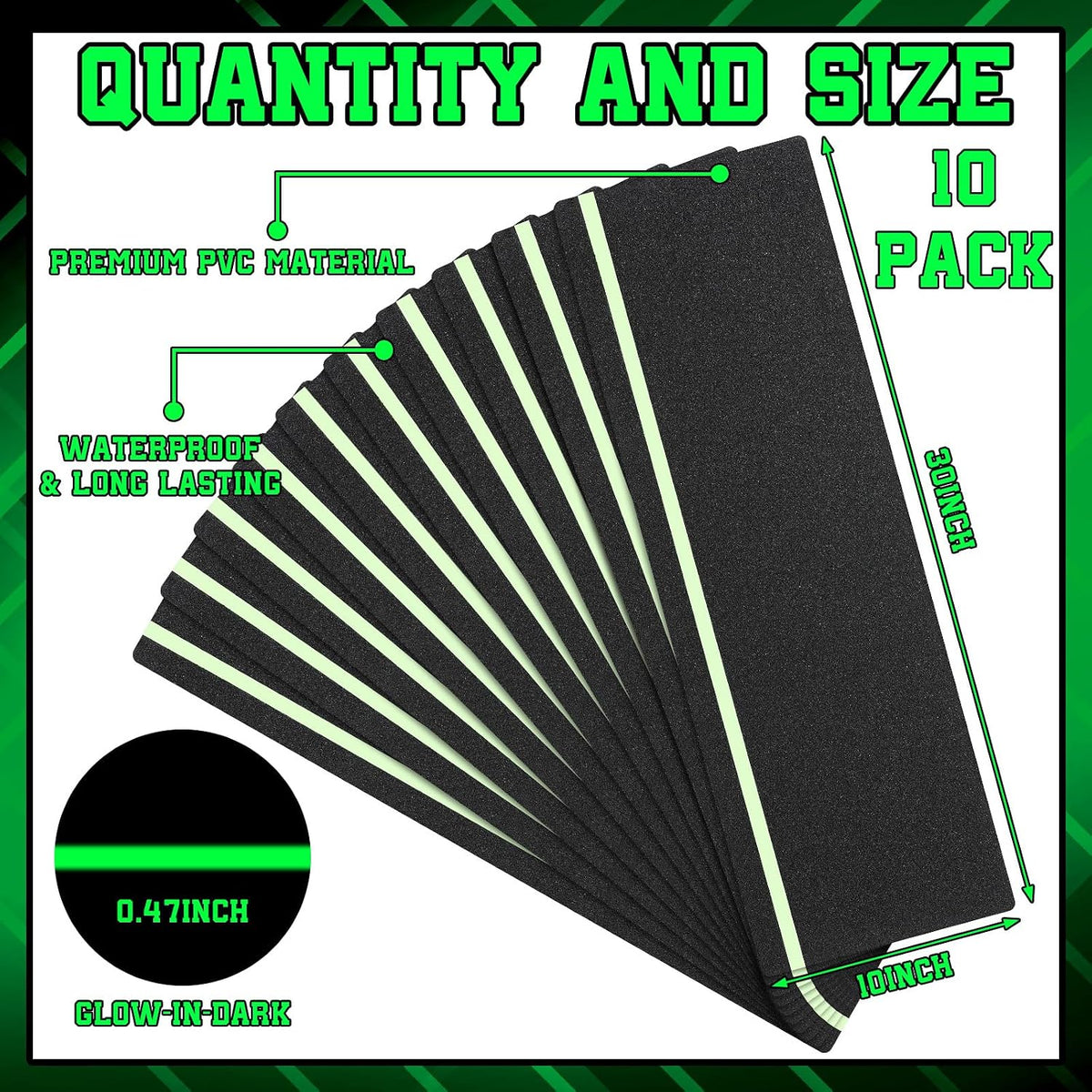 10 Pack 10''x30'' Outdoor Stair Treads Glow in Dark Anti Slip Tape