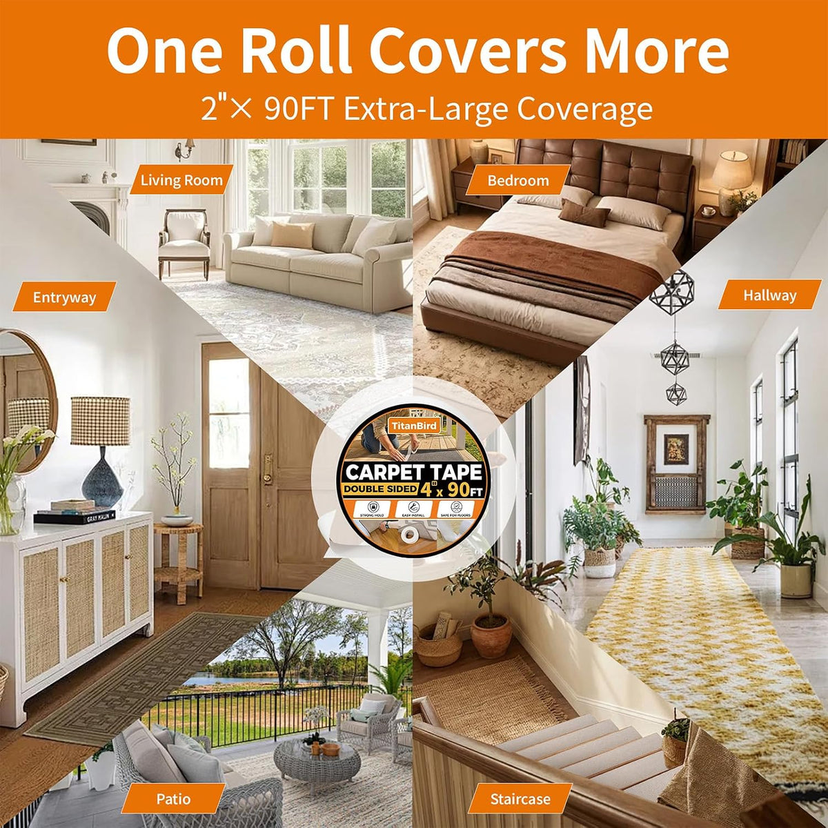 Double Sided Carpet Tape, 4" x 90 ft Rug Tape for Floors & Rugs