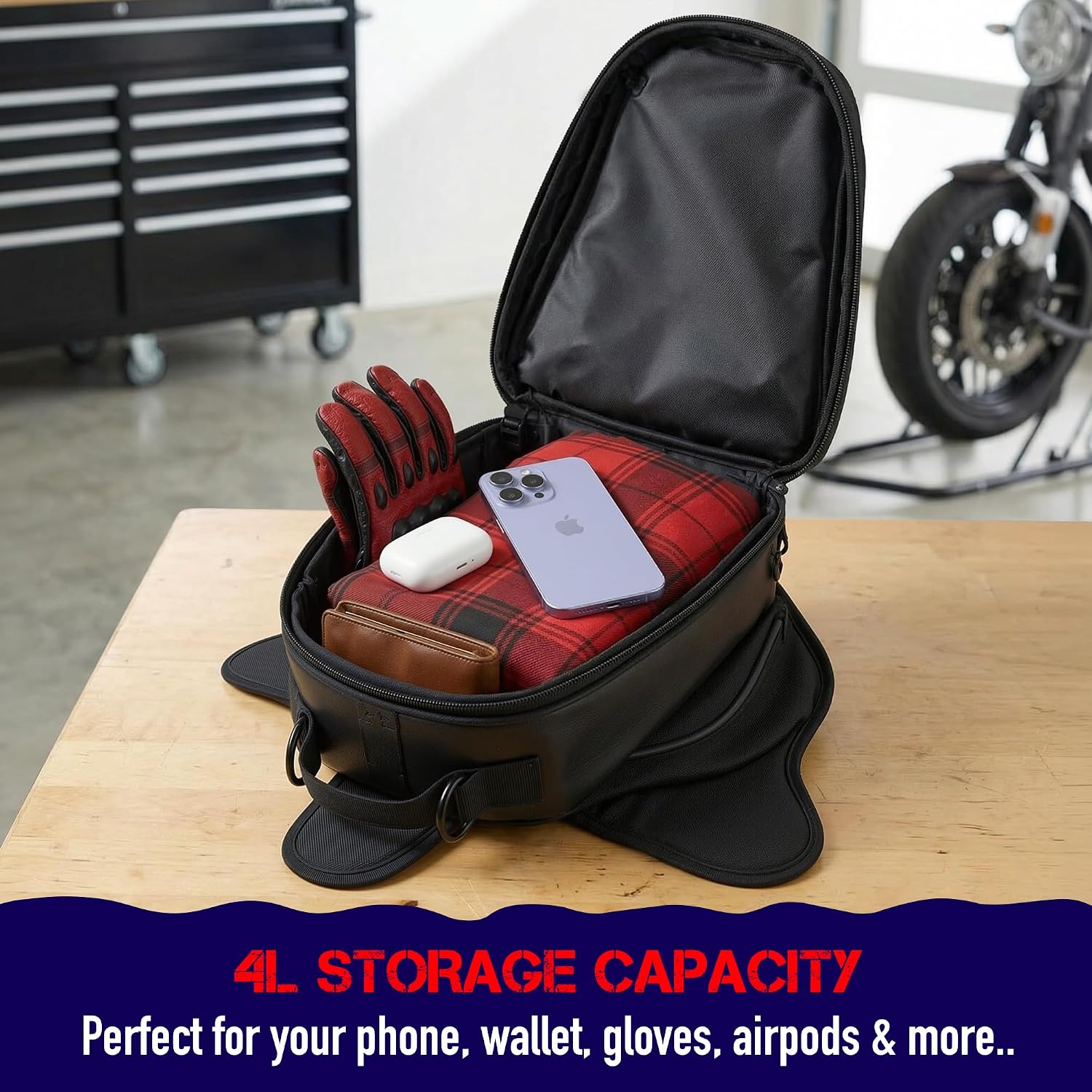 Nomad Motorcycle Tank Bag – 4L Heavy Duty Black Gas Tank Bag with Touchscreen Phone Window, Magnetic Universal Fuel