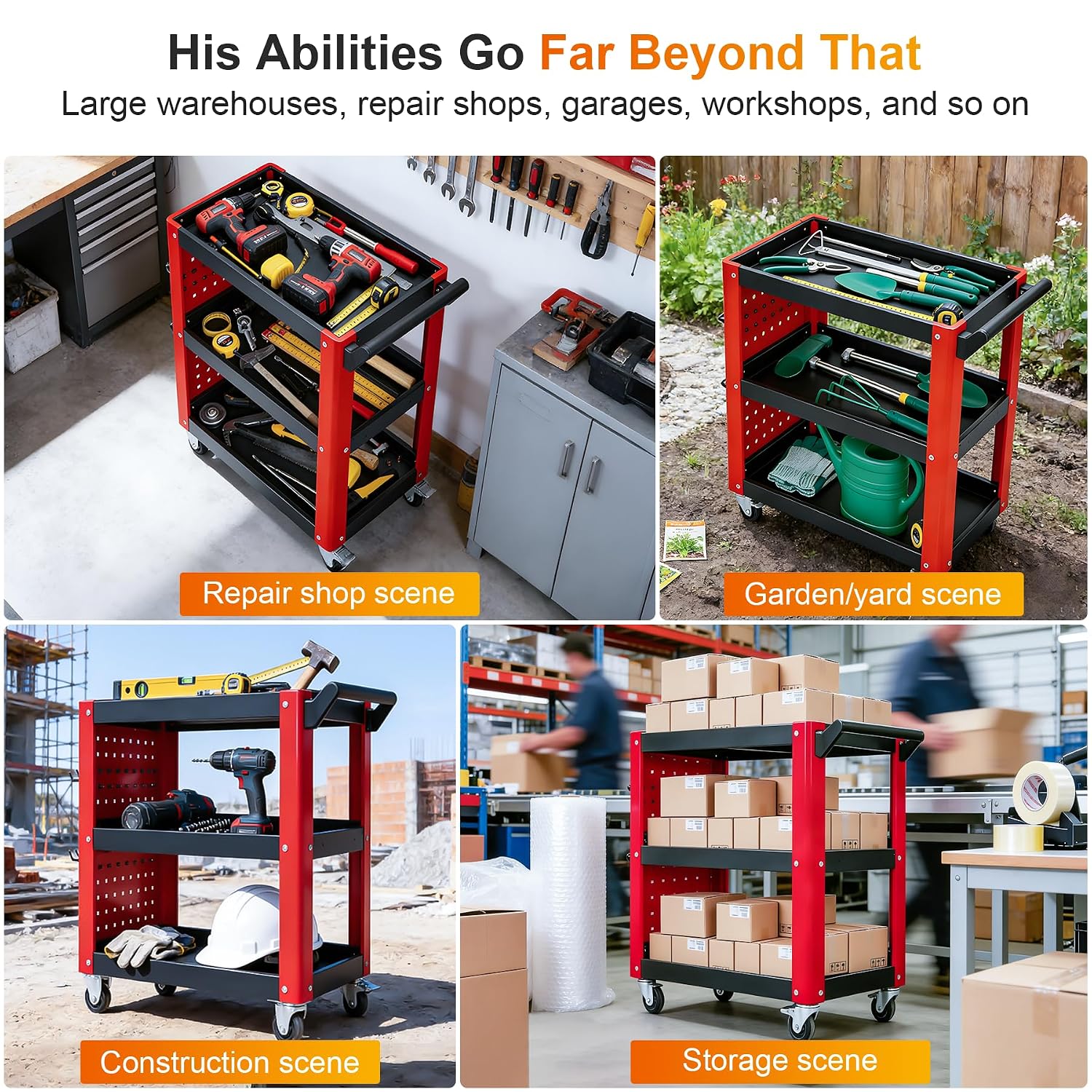 3 Tier Rolling Tool Cart, Red and Black Load Capacity of 1000 LBS | On Wheels, Mechanic Storage Organizer, With Pegboard