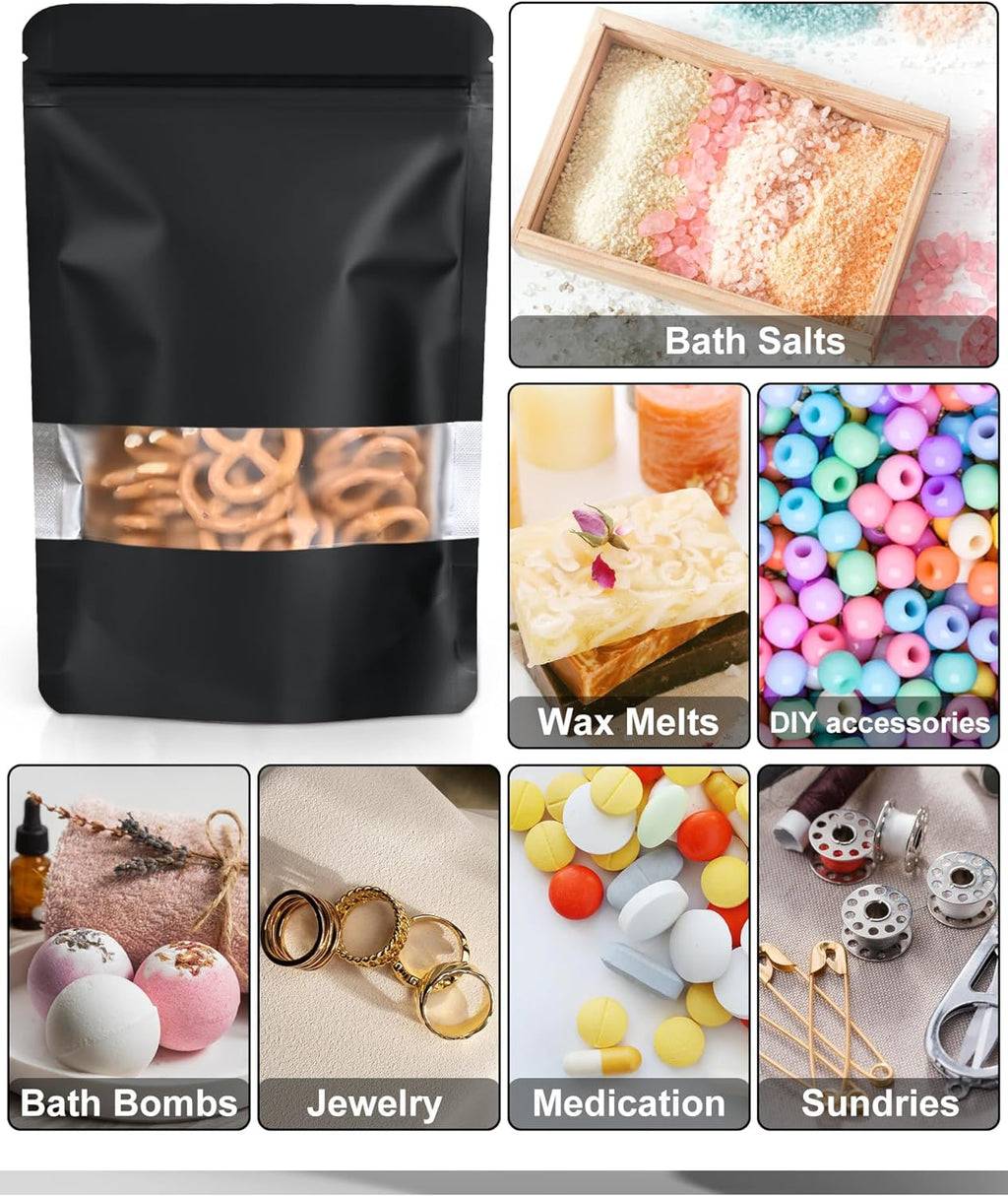 100 Pack Resealable Bags with Matte Window（Black，4" x 6"）