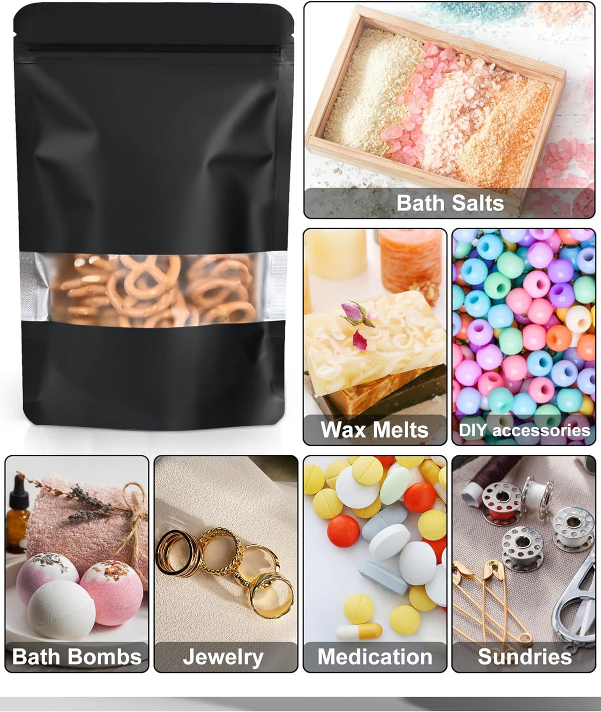 100 Pack Resealable Bags with Matte Window（Black，4" x 6"）