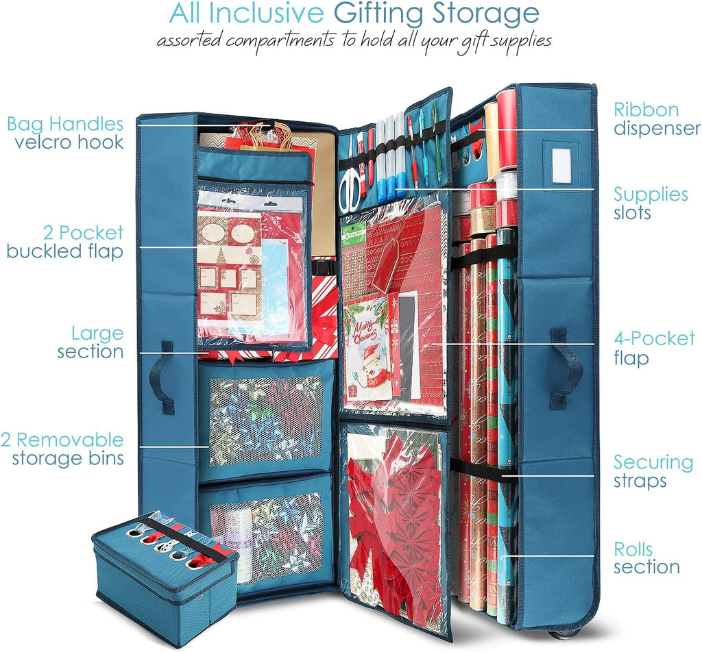 Wrapping Paper Storage Container with Ribbon Dispenser and Interior Pockets - Large Christmas Storage Containers with