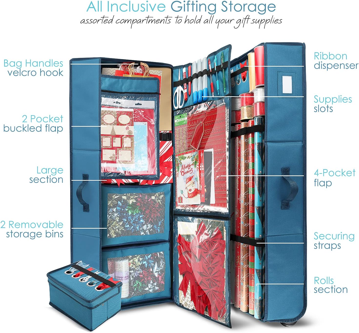 Wrapping Paper Storage Container with Ribbon Dispenser and Interior Pockets - Large Christmas Storage Containers with