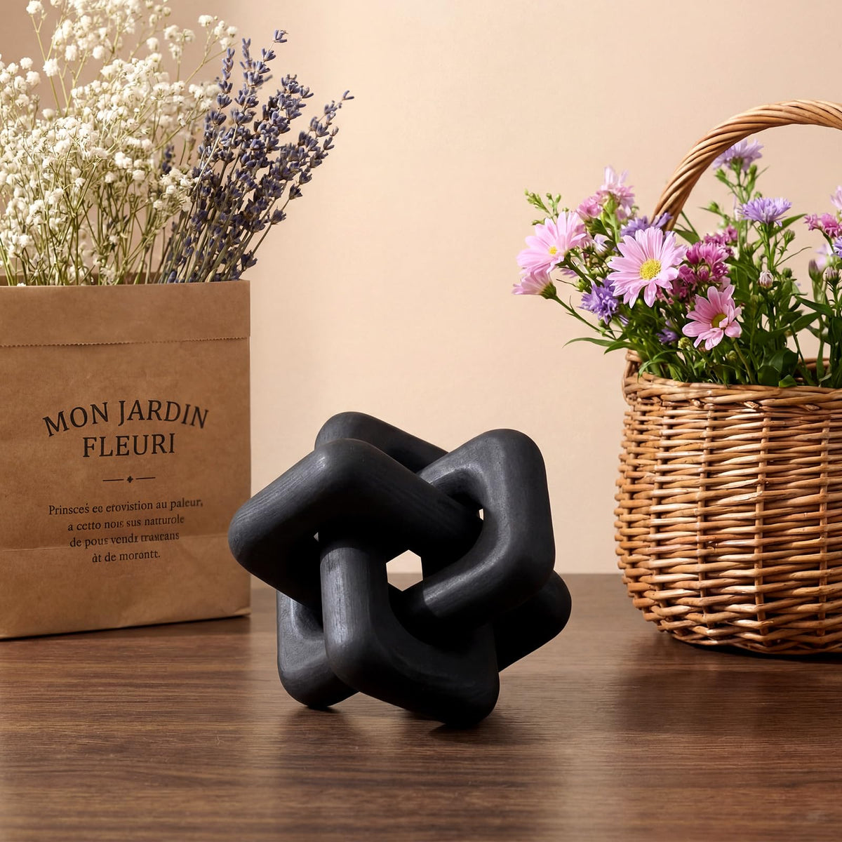 Yalikop 3 Link Wood Knot Decor, Boho Chain Link Decor, Elegant, Black