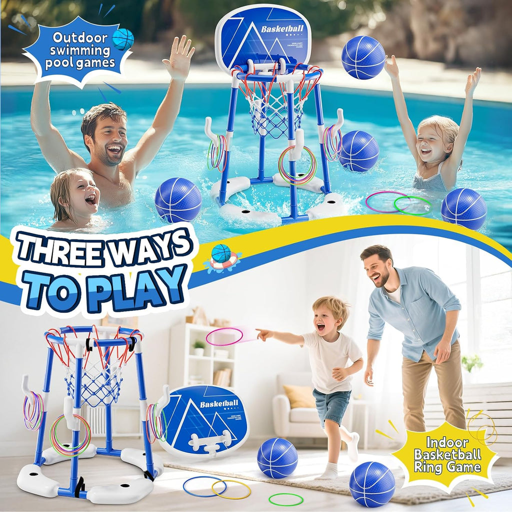 Pool Basketball Hoop for Kids Ages 4-8 & 8-12, 2-in-1 Floating Game Set with Backboard, Water-Fillable Base, 4 Balls