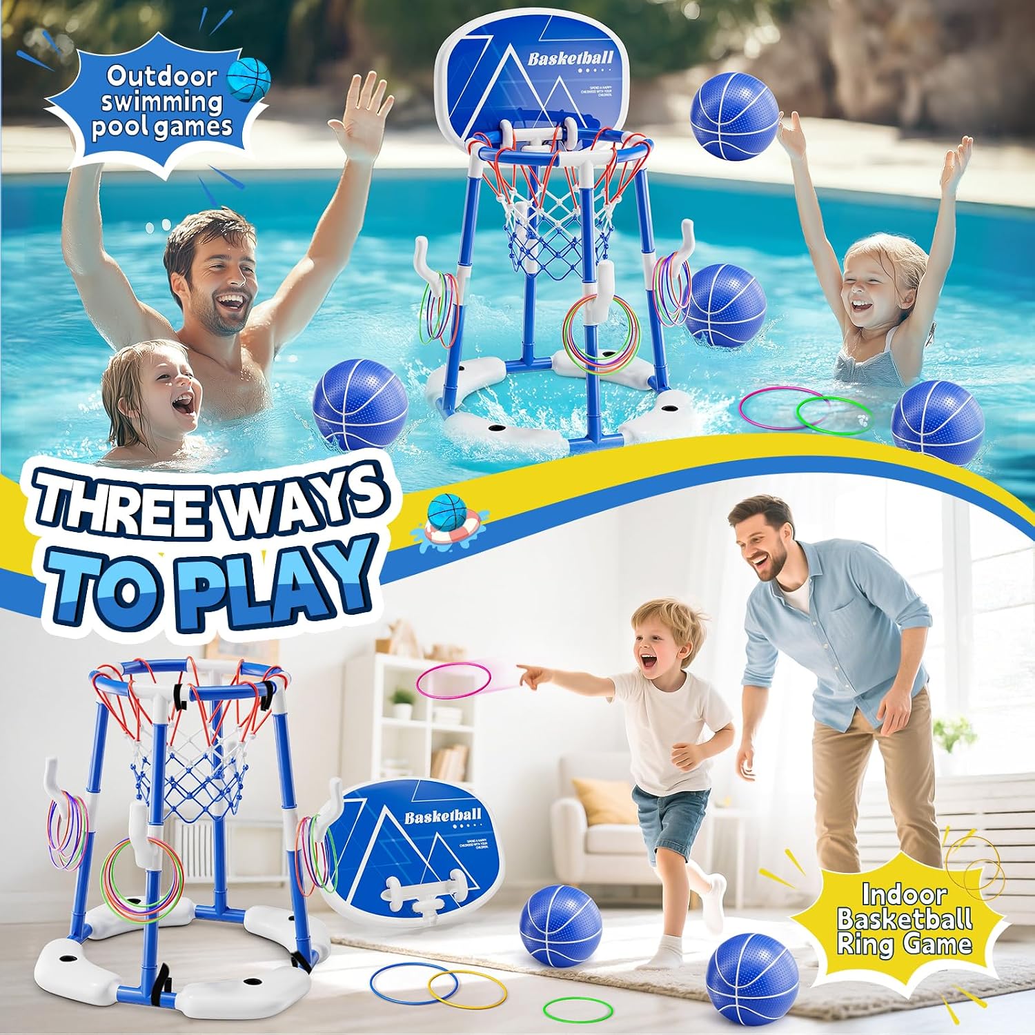 Pool Basketball Hoop for Kids Ages 4-8 & 8-12, 2-in-1 Floating Game Set with Backboard, Water-Fillable Base, 4 Balls
