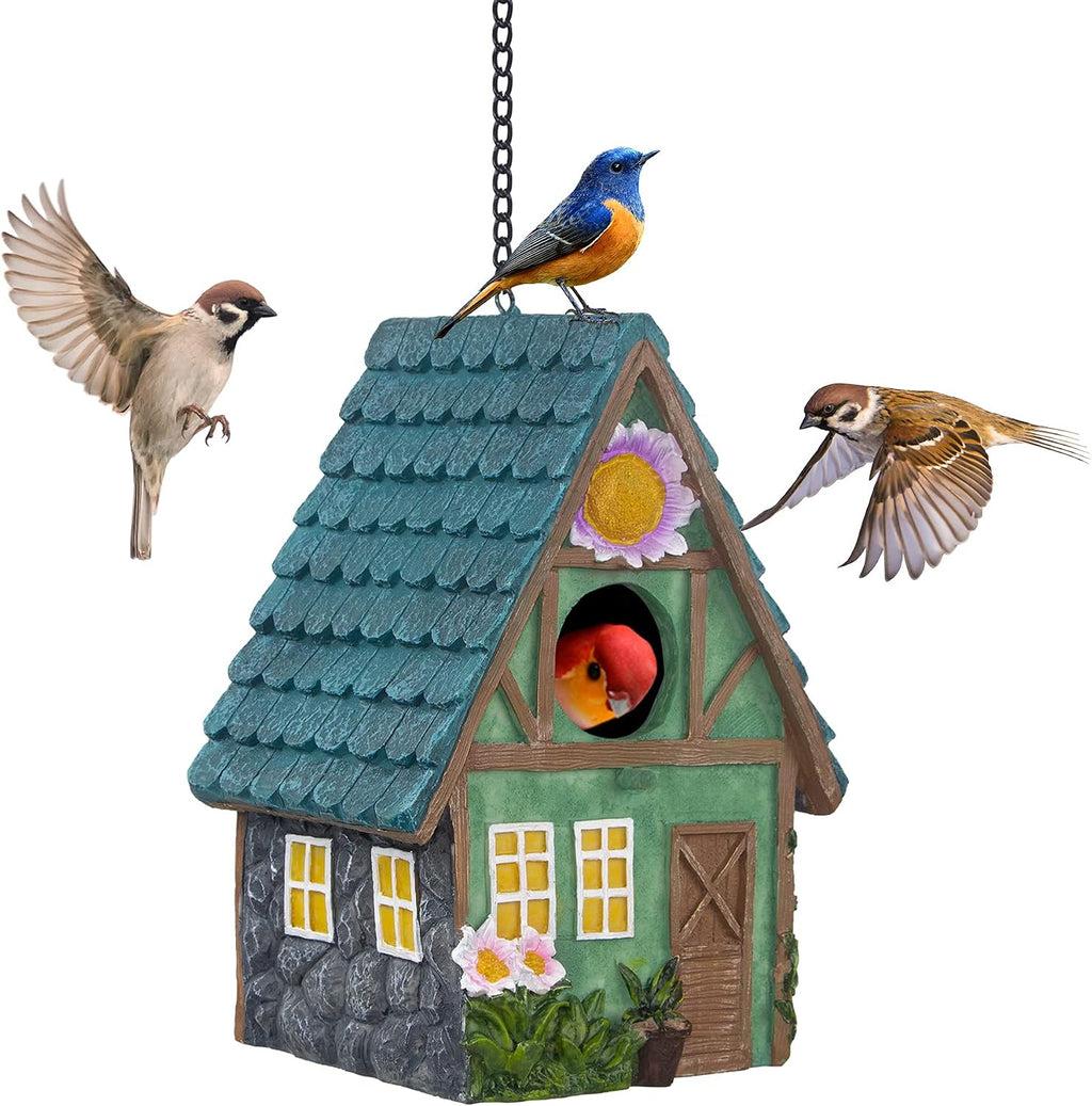 Bird Houses for Outside, Resin Bird House with Hang Chain, Decorative Bird Cage, Outdoor Garden Decor for