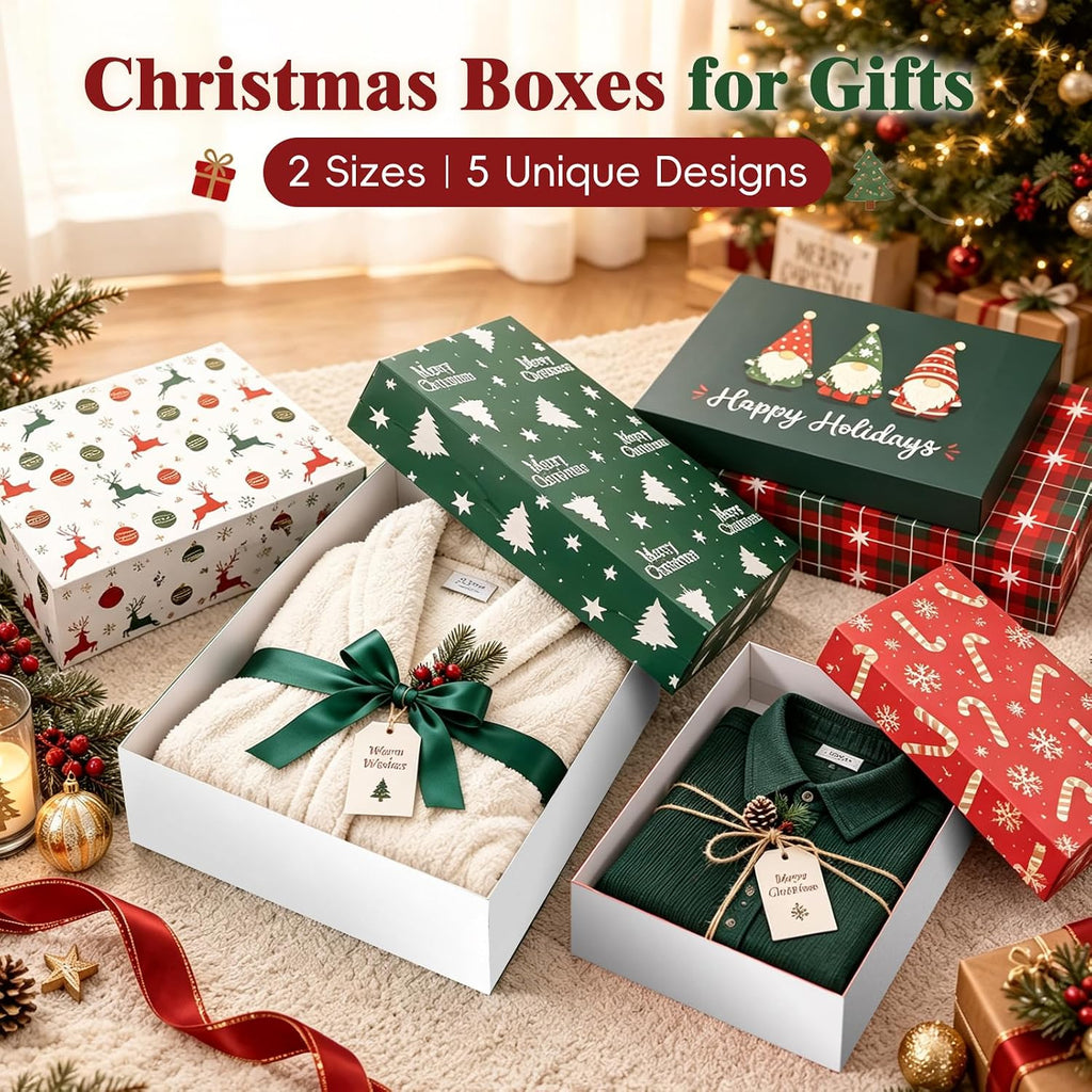 15 Pack Christmas Gift Boxes with Lids, 2 Sizes, 5 Festive Designs