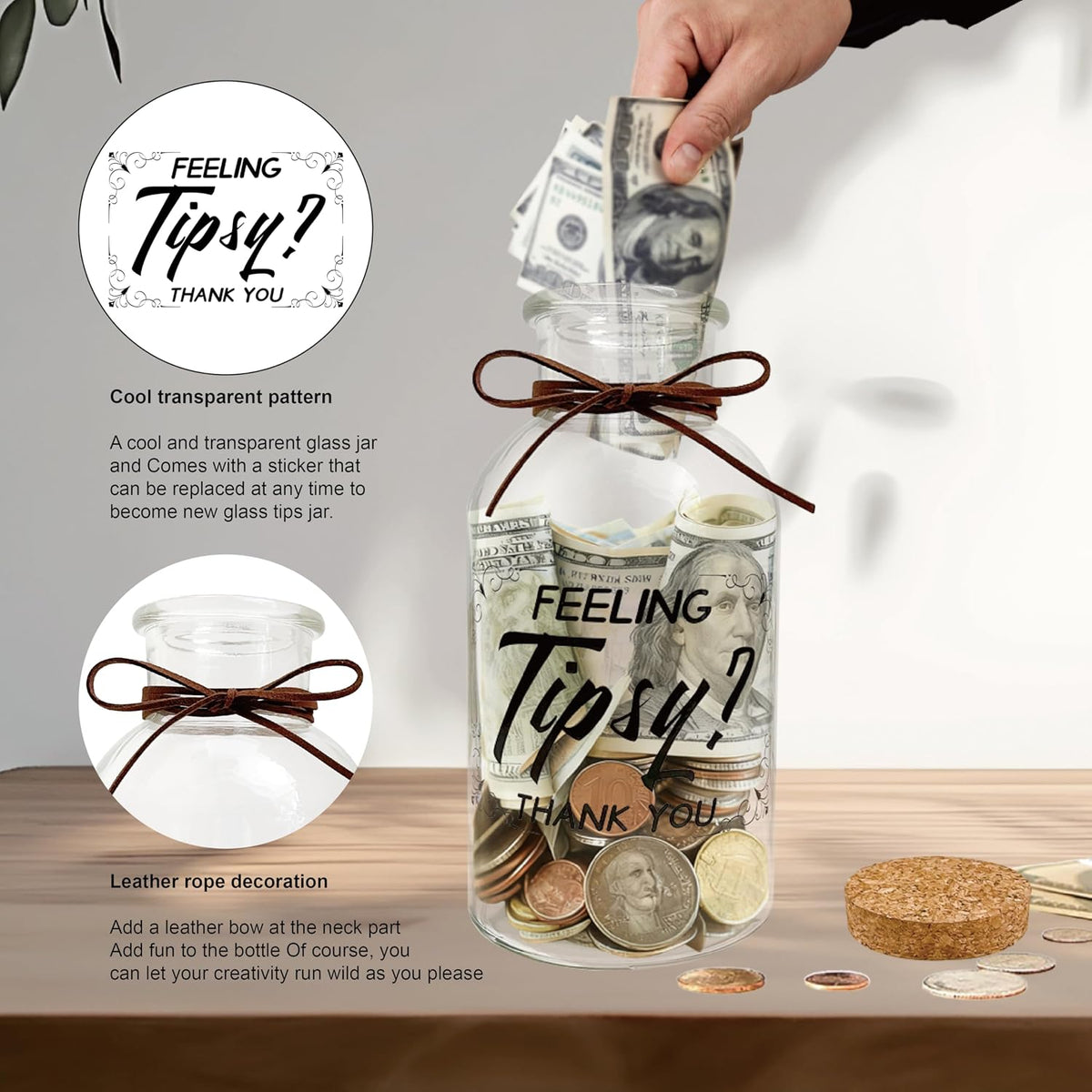 Feeling Tipsy Large Glass Tip Jar for Bartenders, Restaurants and Bars