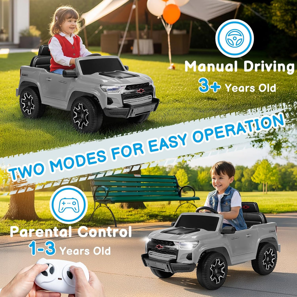 Licensed Chevrolet Colorado 12V Electric Car for Kids, Gray | Ride on Toys for Toddlers w/ Remote Control, Battery