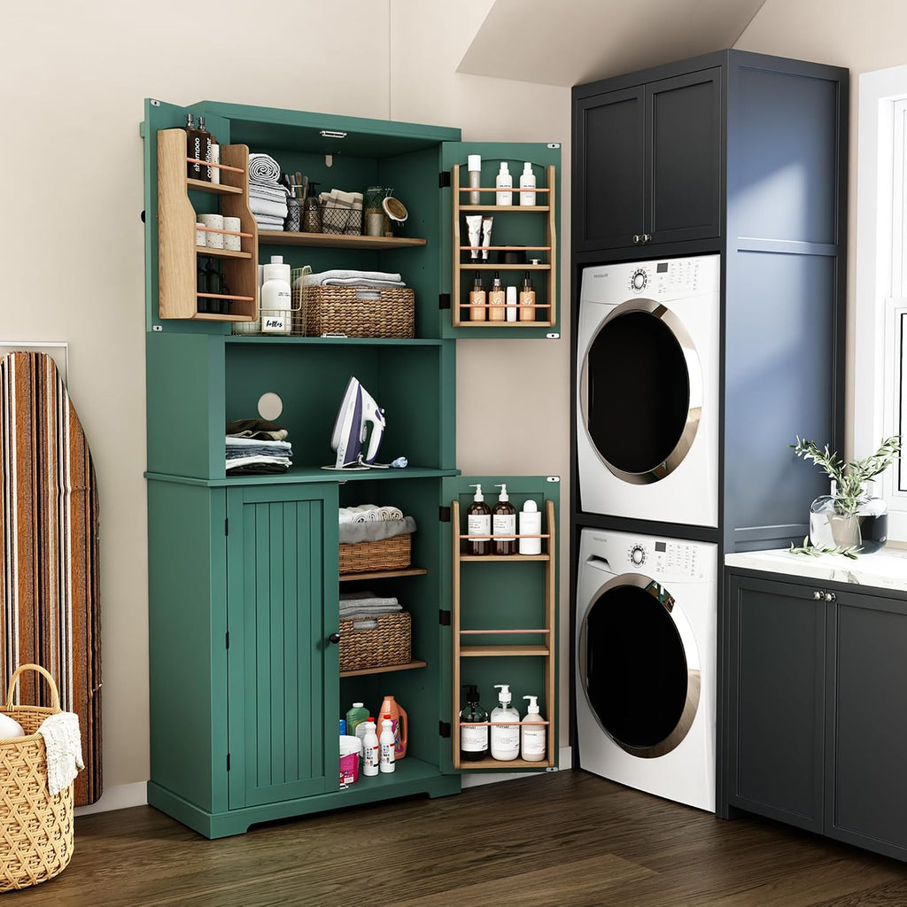72" Kitchen Pantry Storage Cabinet with Open Countertop, Freestanding Larder Cupboard with Microwave Stand, Utility