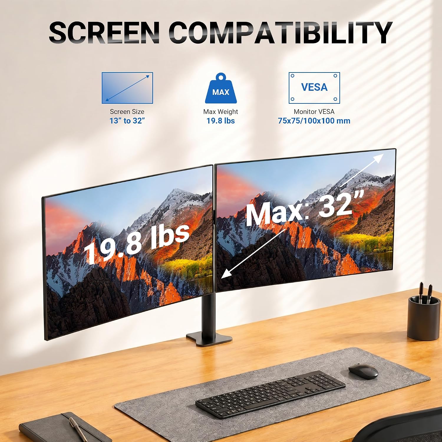 Monitor Mount for 13-32 in, Dual Monitor Arm, Up to 19.8 Lbs Each | Full Motion Adjustable Height, 360° Rotate, Tilt