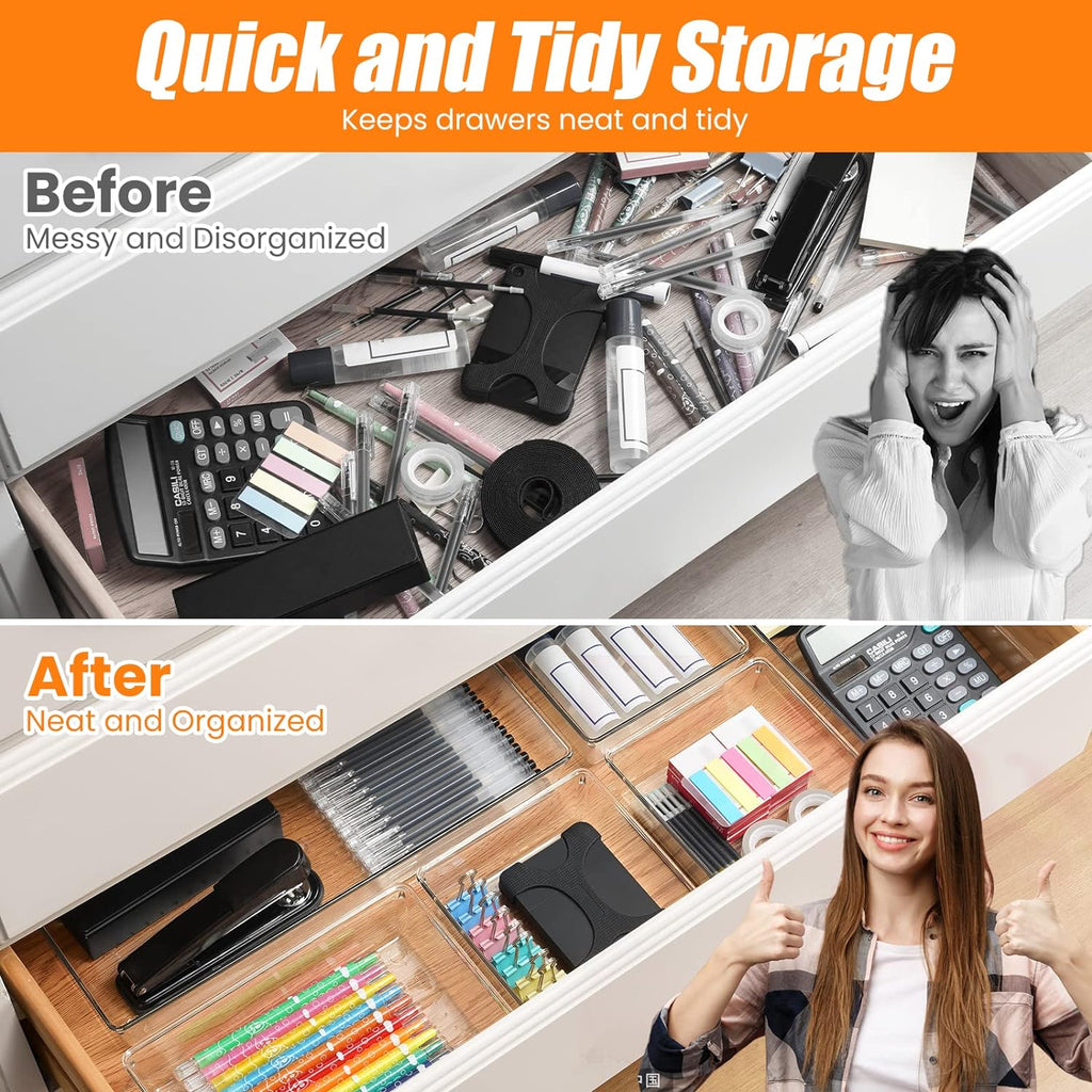 6 Pcs Large Size Clear Drawer Organizer Set, Acrylic Non Slip Non Cracking Kitchen Drawer Storage Tray Divider