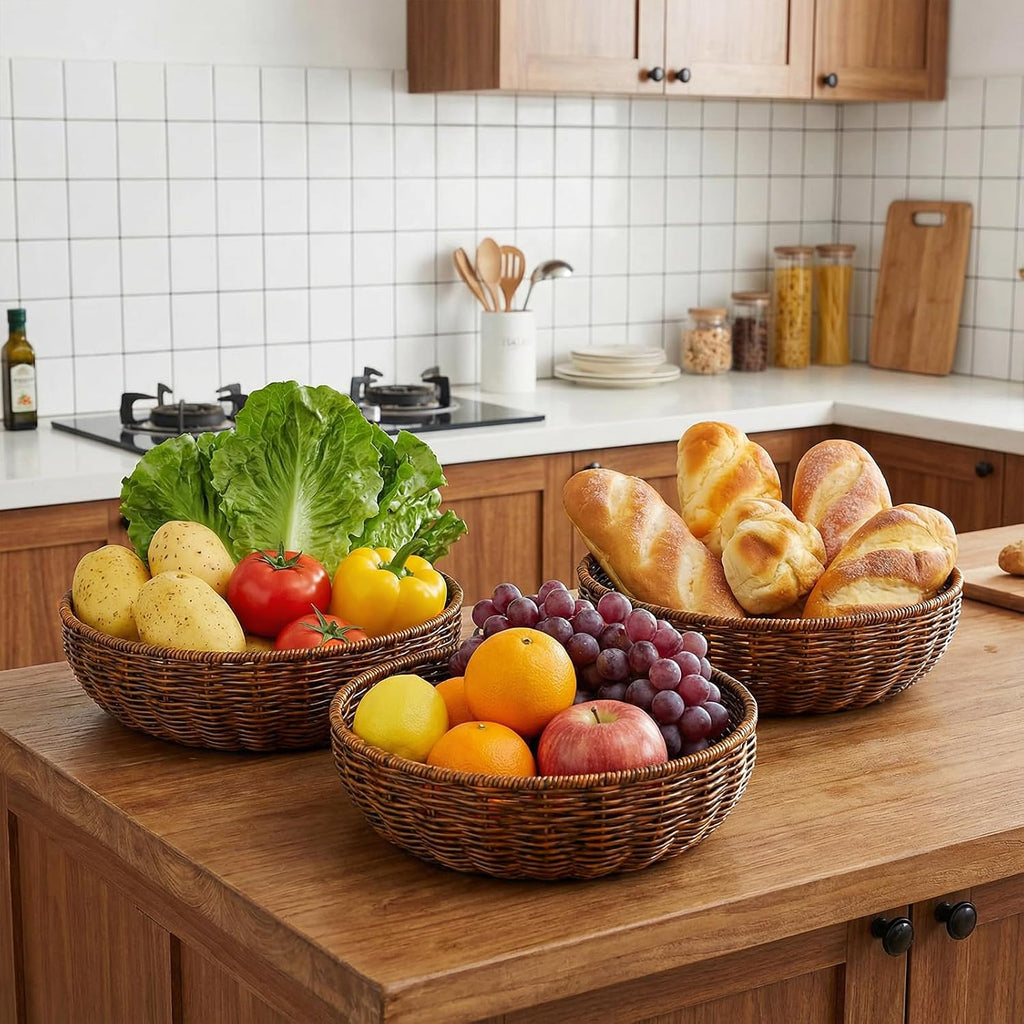 3 Pack Round Wicker Baskets, Fruits Bread Baskets, Tabletop Food Serving Baskets Trays, Handwoven Storage Basket Bin