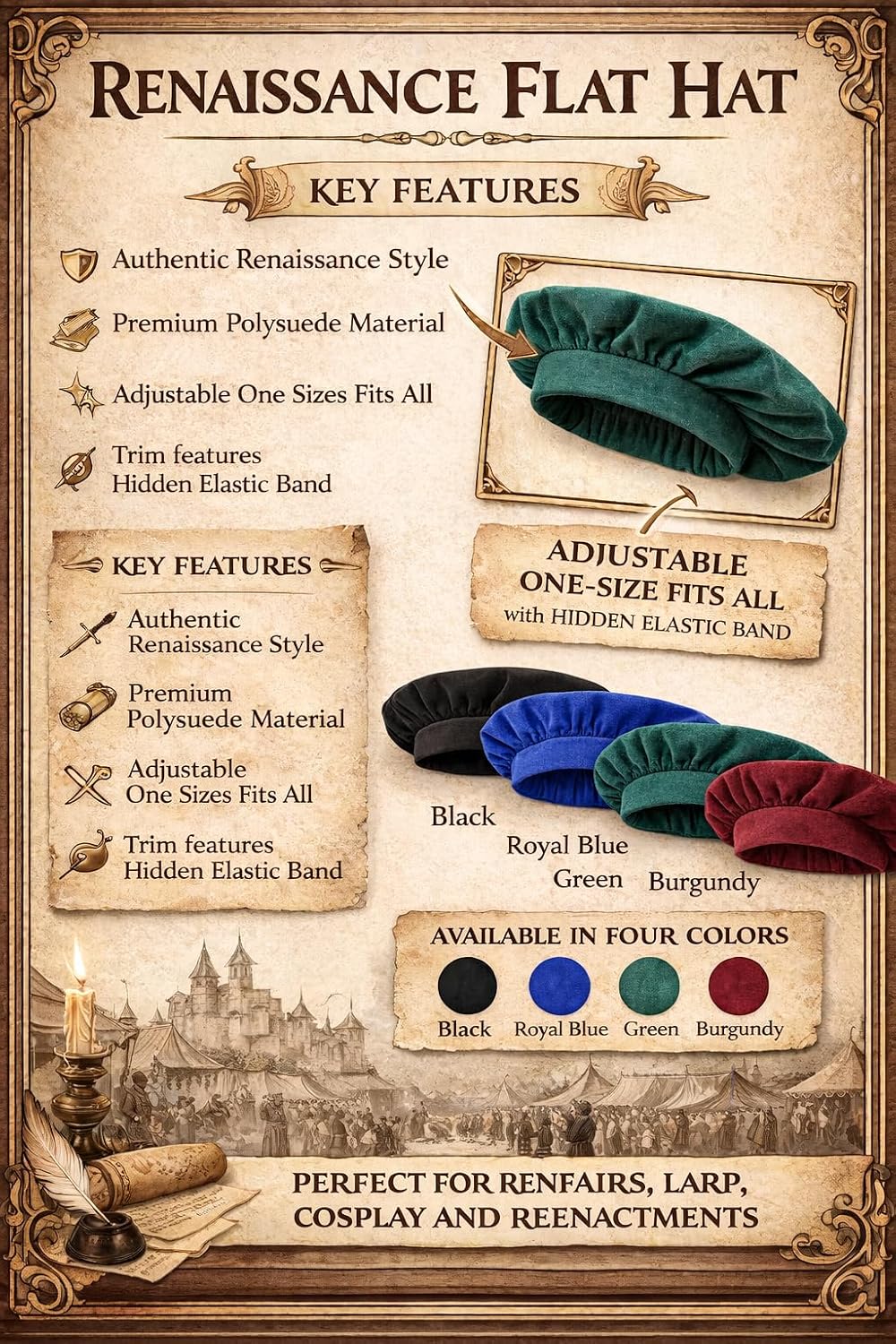 Cavalier Renaissance Style Costume Accessory Hat, Plumed Musketeer, RenFaire Halloween hat, one size