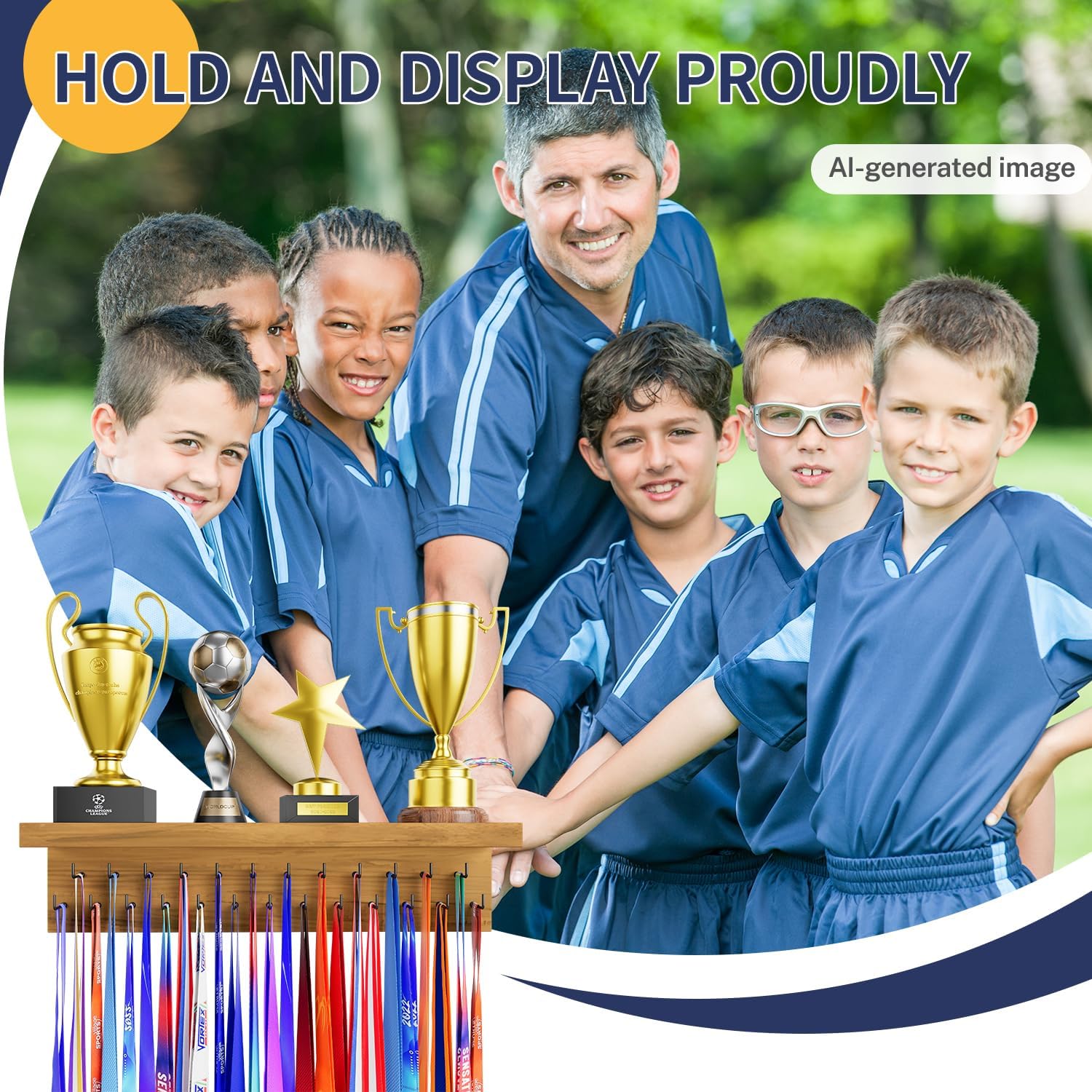 Medal Holder Display Trophy Shelf Organizer, Sturdy Wooden Race Award Hanger Rack with 25 Steel Hooks, Wall Mount