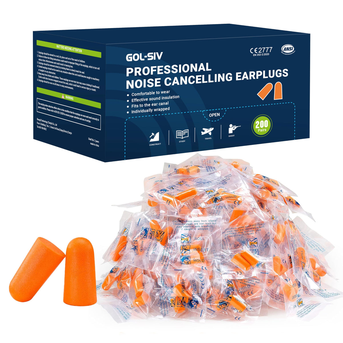 200 Pairs Foam Ear Plugs - 38dB(NRR 33dB) Noise Reduction