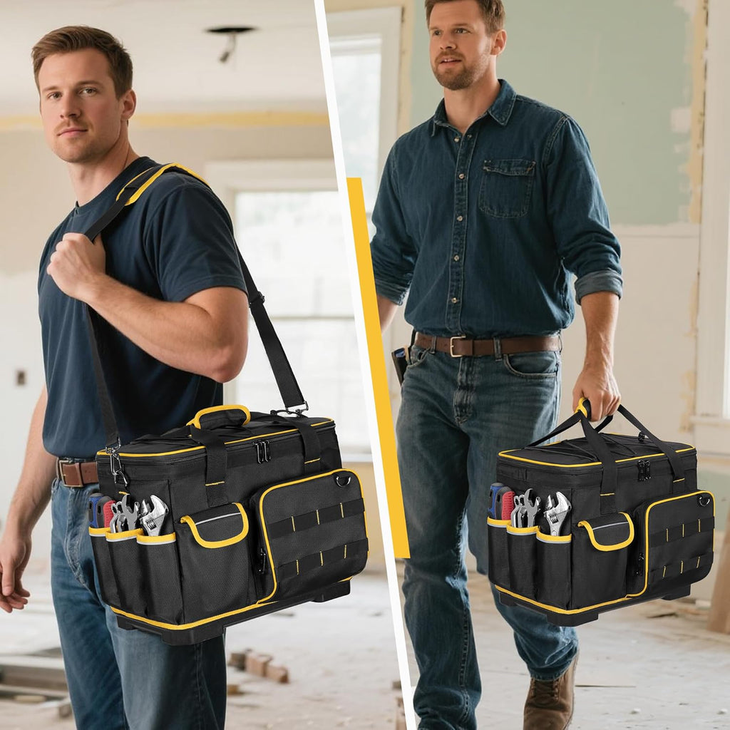 16-inch Tool Bag with Hard Bottom and a Detachable Divider, Heavy Duty Tool Tote with Multiple Pockets, Black