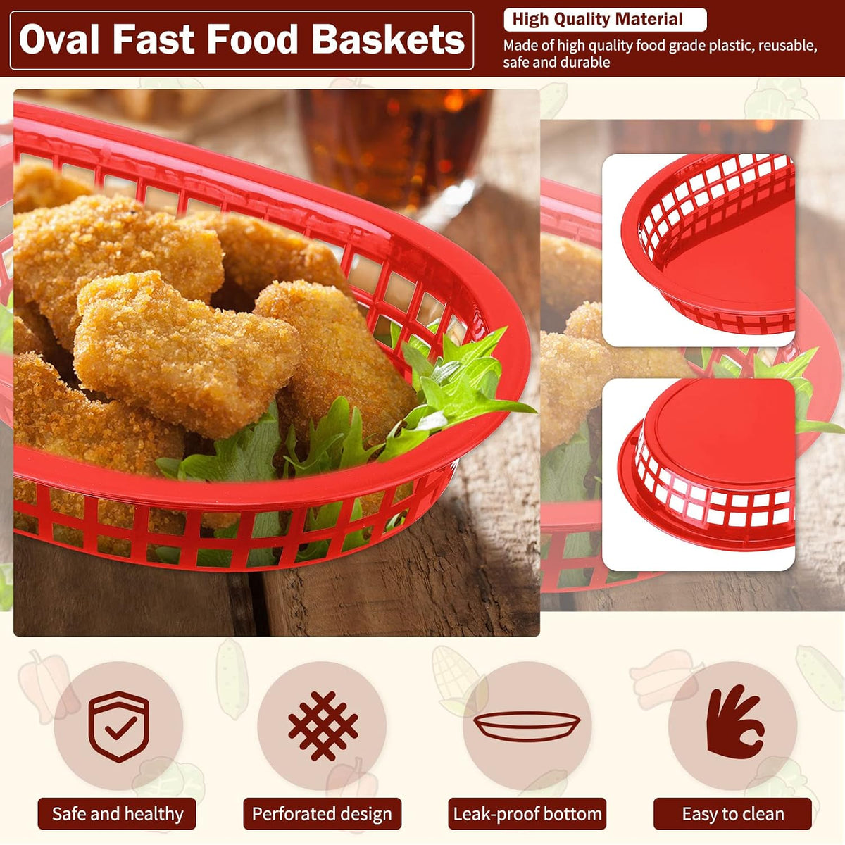 60 Pcs Fast Food Basket, 10.5" x 7" Plastic Storage Tray, Red
