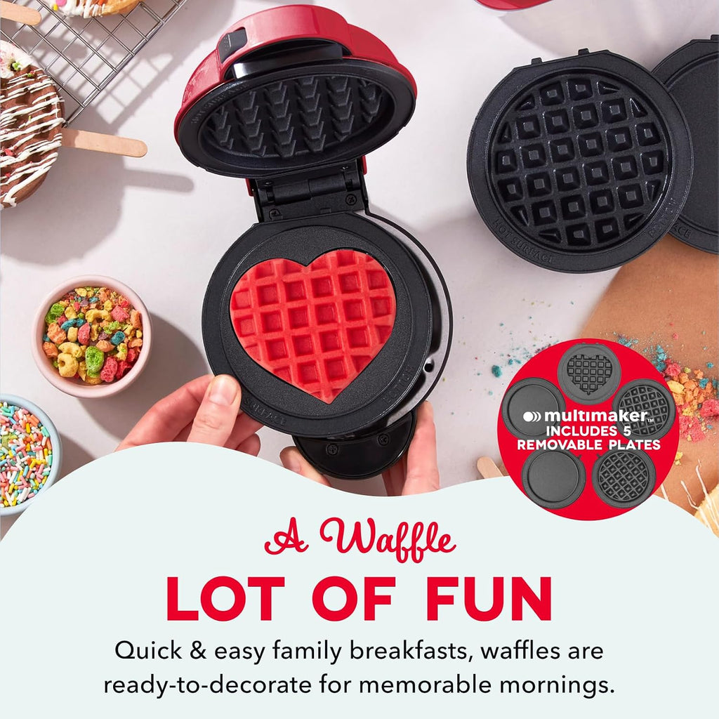 MultiMaker Mini Waffle Maker, Removable Waffle & Griddle Plates, Red | Mini Pancake Maker for Kids; Interchangeable