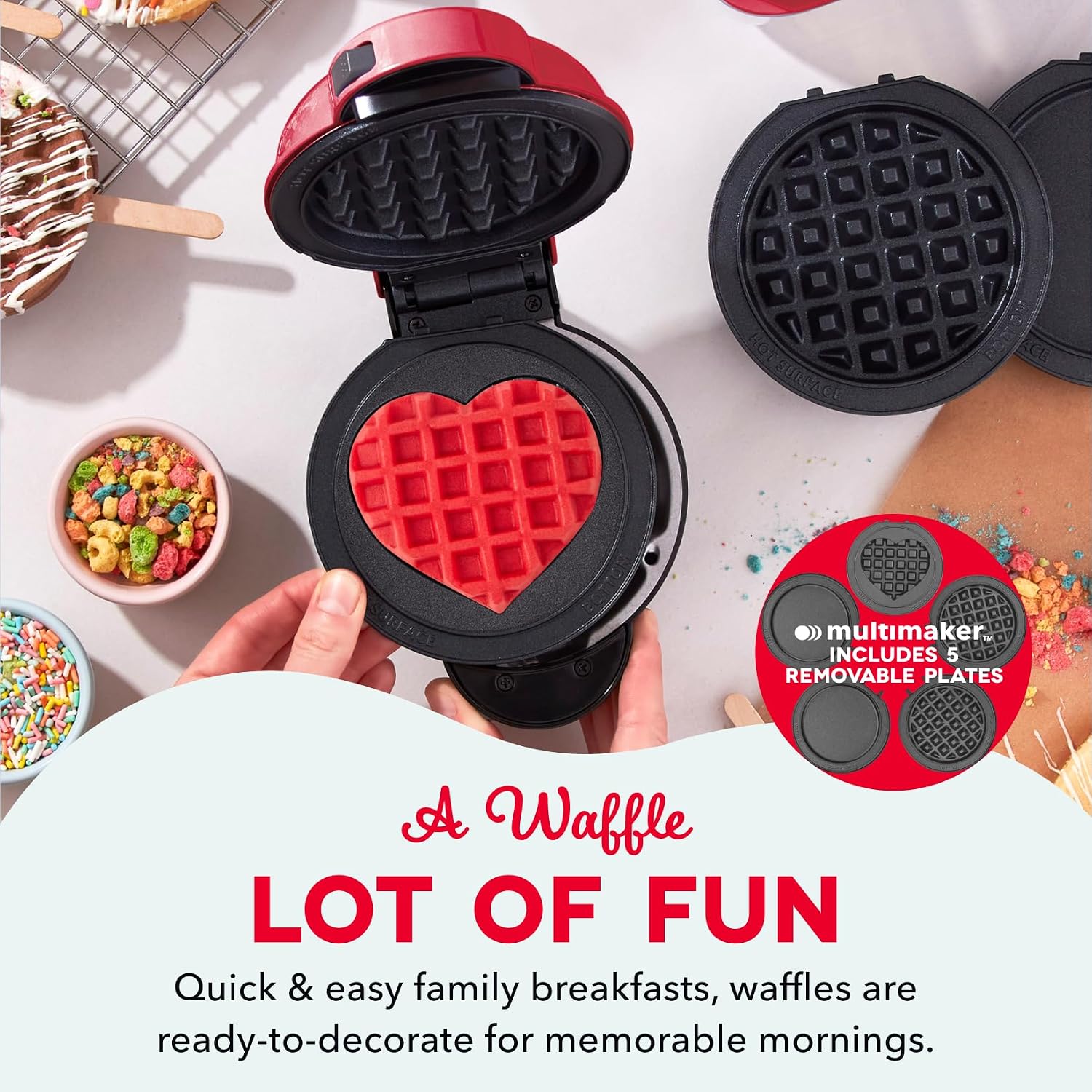 MultiMaker Mini Waffle Maker, Removable Waffle & Griddle Plates, Red | Mini Pancake Maker for Kids; Interchangeable