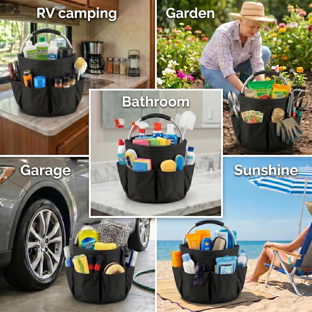 Foldable Cleaning Caddy with Handle 17L Large Cleaning Supplies Organizer 600D Oxford Portable Bucket Basket with 6